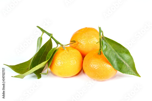 mandarin with green leaves isolated