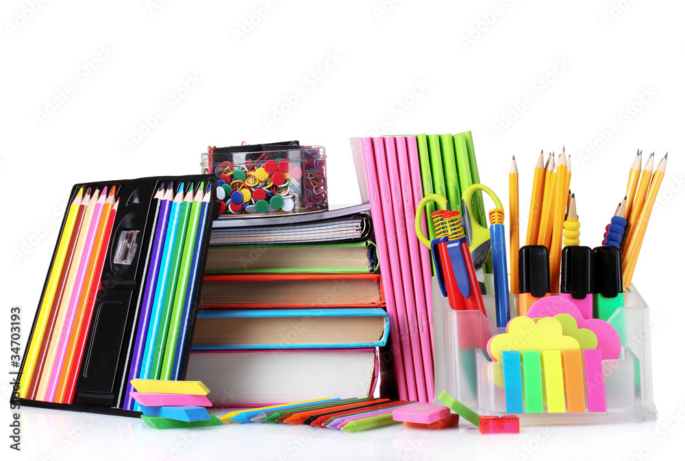 Fototapeta premium bright stationery and books isolated on white