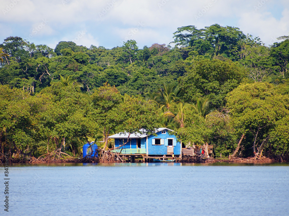 Coastline with a rustic house on stilts over the water and lush tropical vegetation, archipelago of Bocas del Toro, Panama, Central America