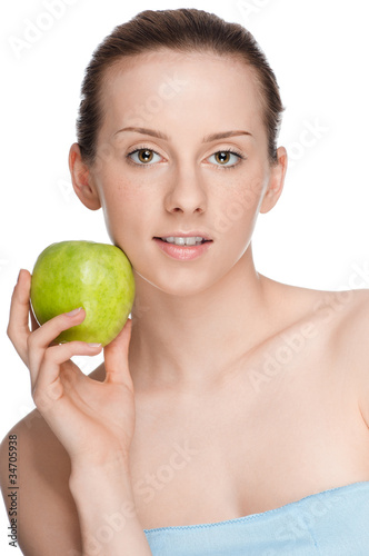 woman eat green apple