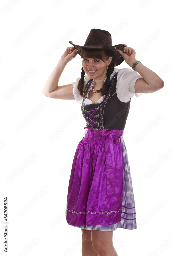 Frau in Drindl mit Lederhut Frau in Drindl mit Lederhut