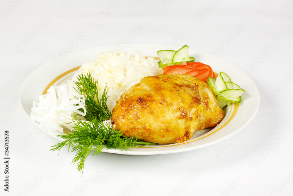 Steamed Garlic chicken and rice on white plate Steamed Garlic chicken and rice on white plate