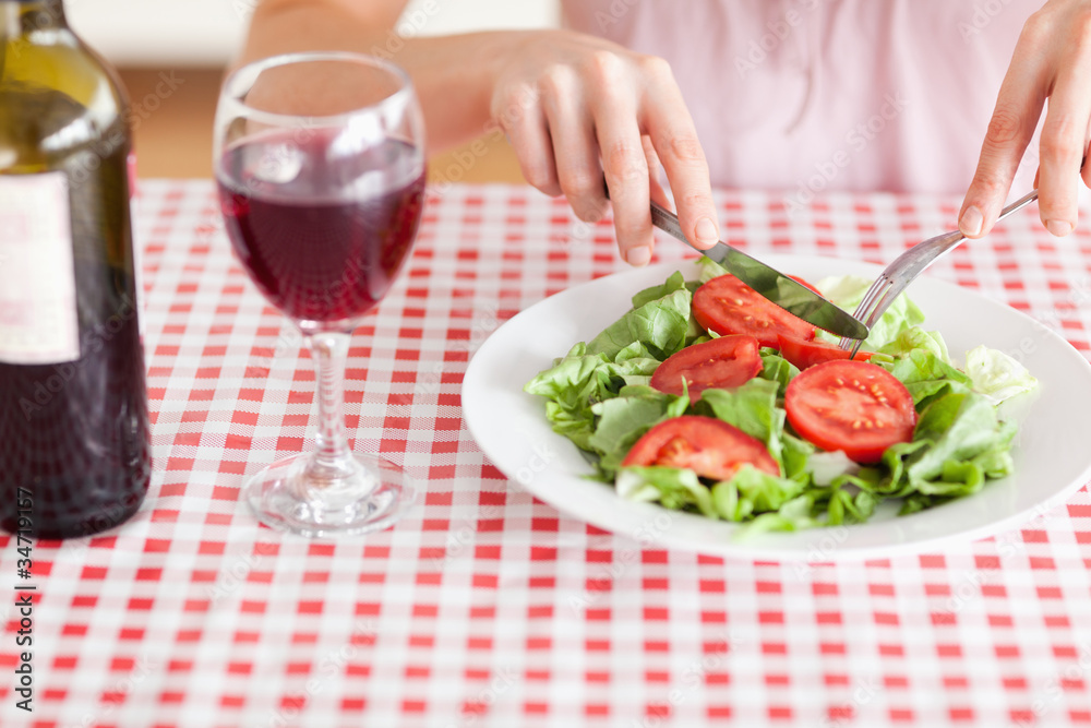 Charming Woman eating lunch and drinking wine Charming Woman eating lunch and drinking wine