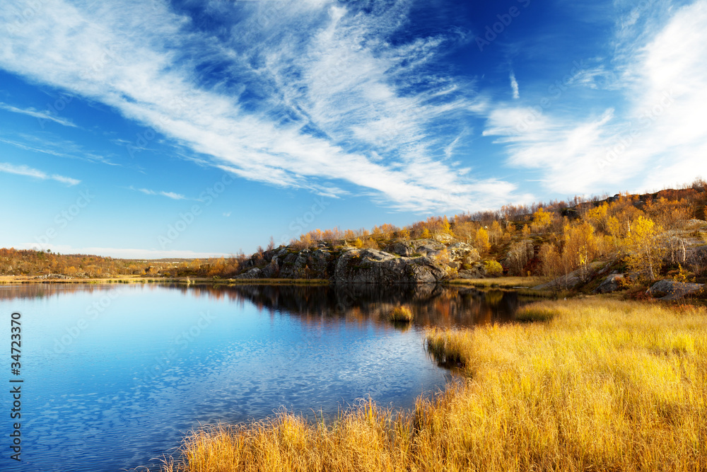 mountain autumn lake in north of Russia