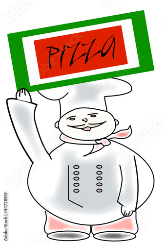 cocinero con cartel de pizza