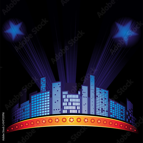 Lights with stars over city at night sky