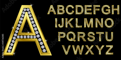 Golden alphabet set, letters with diamonds