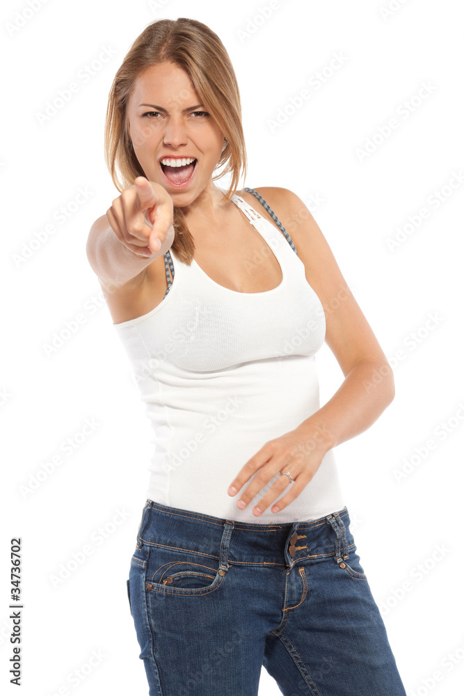 Portrait of beautiful happy girl pointing at camera Portrait of beautiful happy girl pointing at camera