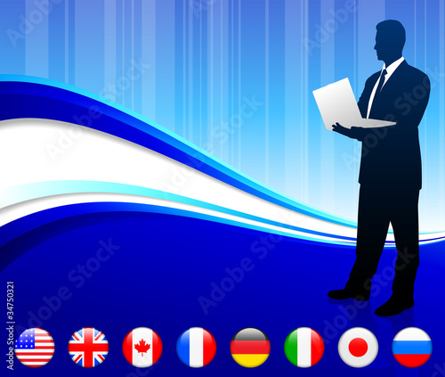 Businessman with internet flag buttons background
