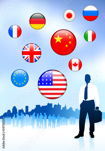 Businessman Traveler with Skyline and Internet Flag Buttons