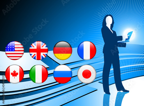 Businesswoman with Internet Flag Buttons Background