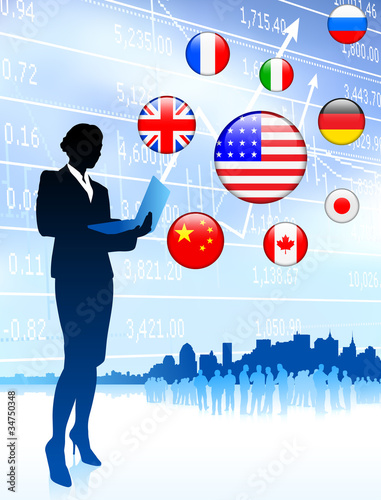 Finance Businesswoman with internet flag buttons