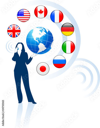 Businesswoman with Globe and internet Flag Buttons