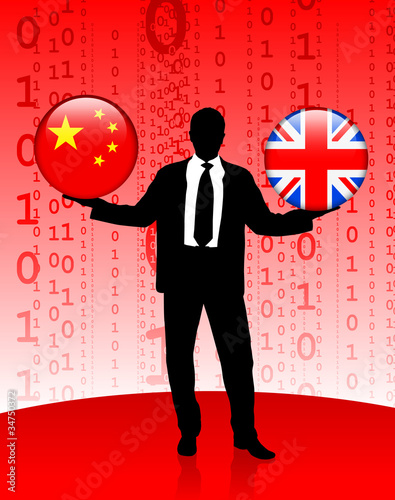 Businessman Holding China and British Internet Flag Buttons