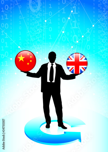 Businessman Holding china and British  Internet Flag Buttons