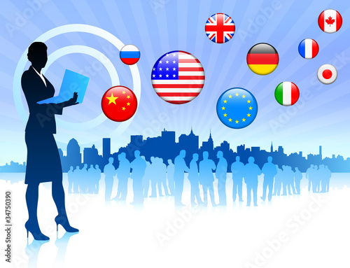 Businesswoman on Skyline Background with Internet Flag Buttons photo