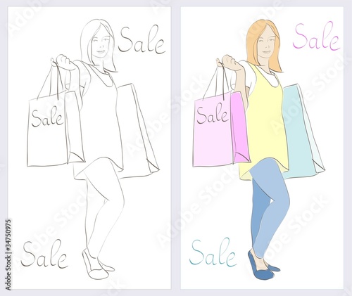 girl  doing shopping with word "SALE" on  bags.