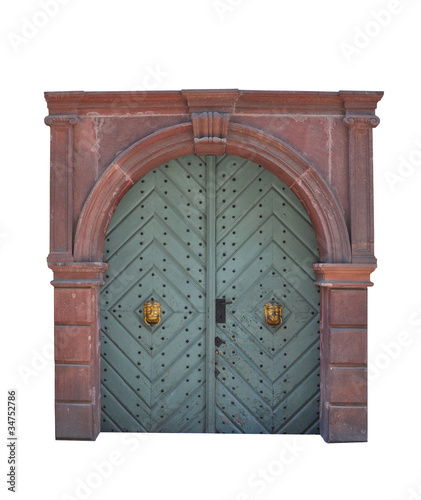 Old large wooden door - door portal - white background