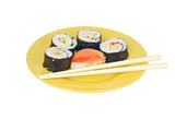 Japanese cuisine - sushi roll and stick on white backround