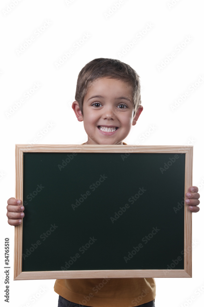 boy holding a blackboard