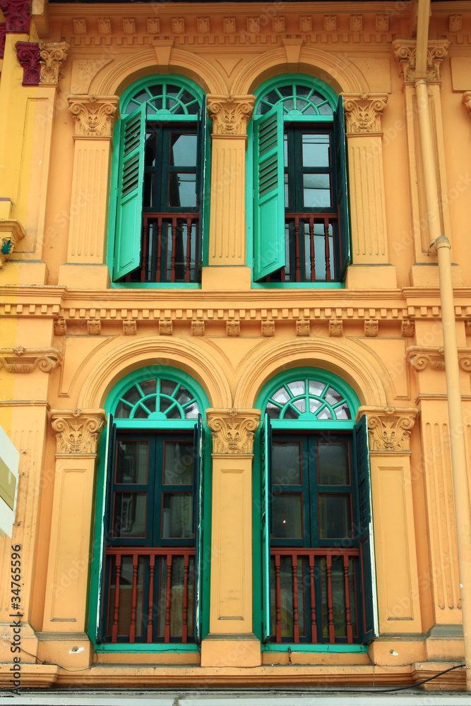 Fototapeta premium Green wooden windows from singapore china town.