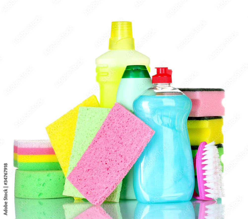 detergent bottles, brush and sponges isolated on white detergent bottles, brush and sponges isolated on white