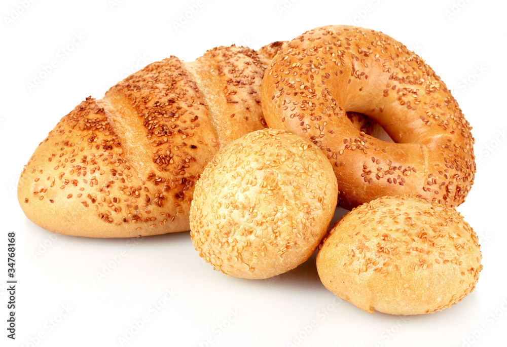 bread and buns with sesame seeds isolated on white