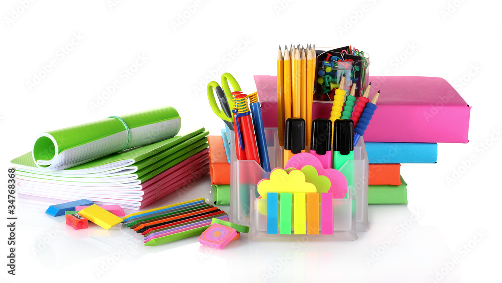 bright stationery and books isolated on white bright stationery and books isolated on white
