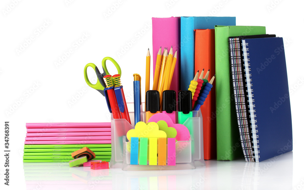 bright stationery and books isolated on white bright stationery and books isolated on white