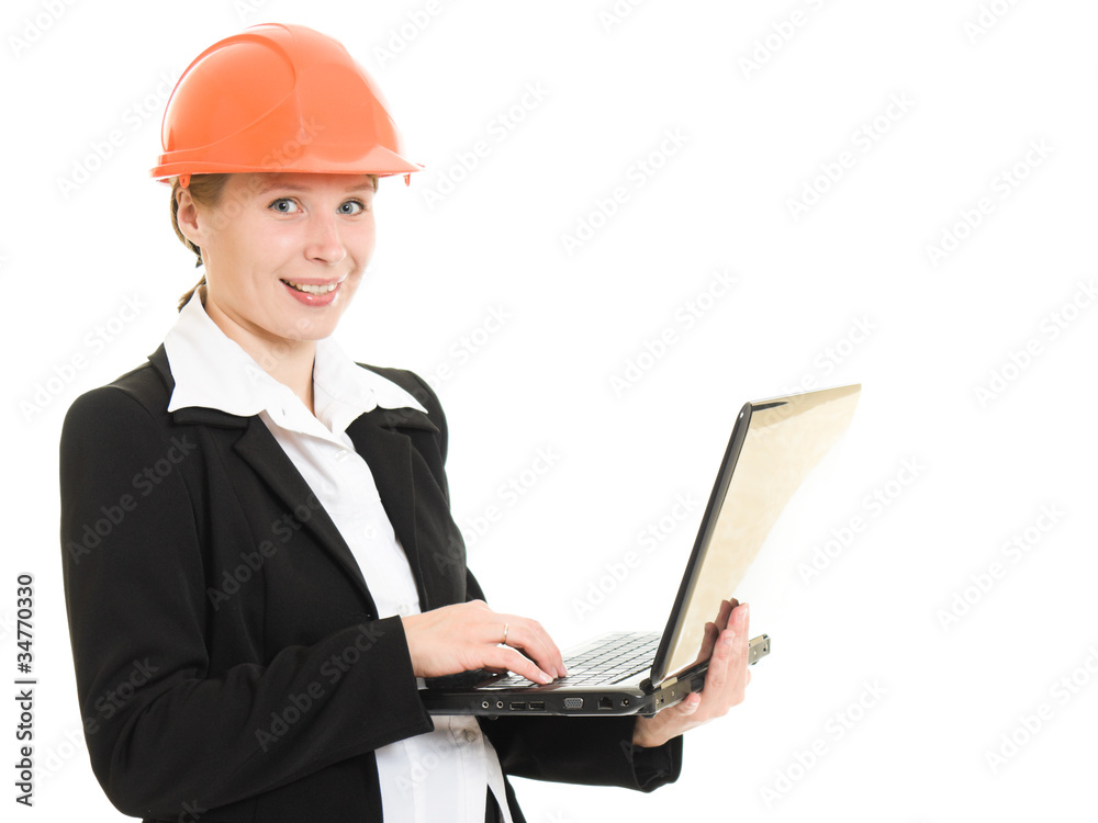 Businesswoman in a helmet on a white background. Businesswoman in a helmet on a white background.