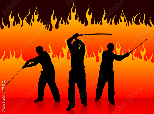 Karate Sensei with Sword on Fire Background