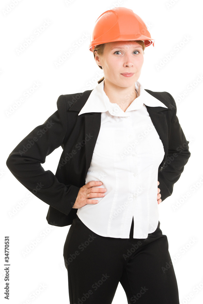 Businesswoman in a helmet on a white background. Businesswoman in a helmet on a white background.