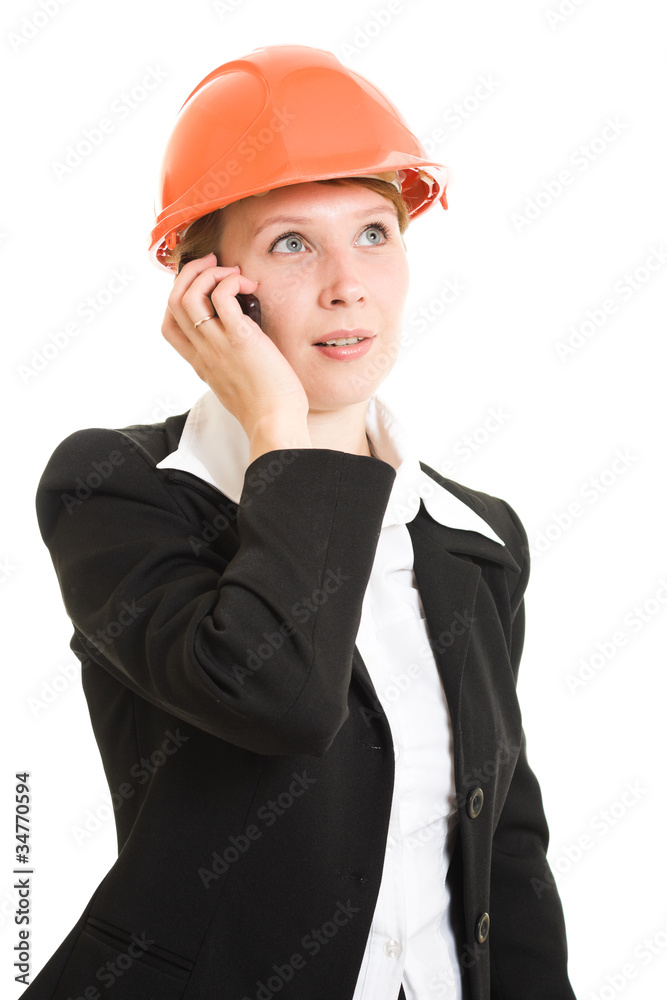 Businesswoman in a helmet on a white background. Businesswoman in a helmet on a white background.