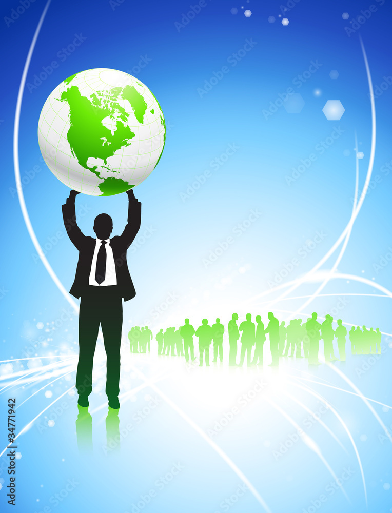 Businessman Holding up Globe on Internet Background Businessman Holding up Globe on Internet Background