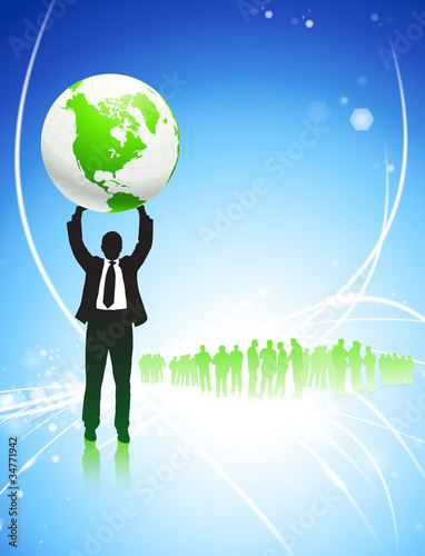 Businessman Holding up Globe on Internet Background