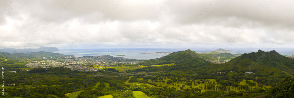 Panoramic image of a narrow tropical valley in Oahu