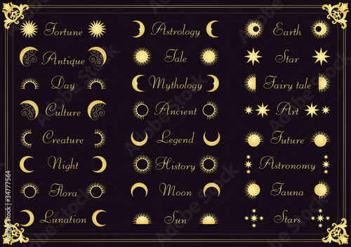 Vintage calligraphic astronomy elements illustration collection