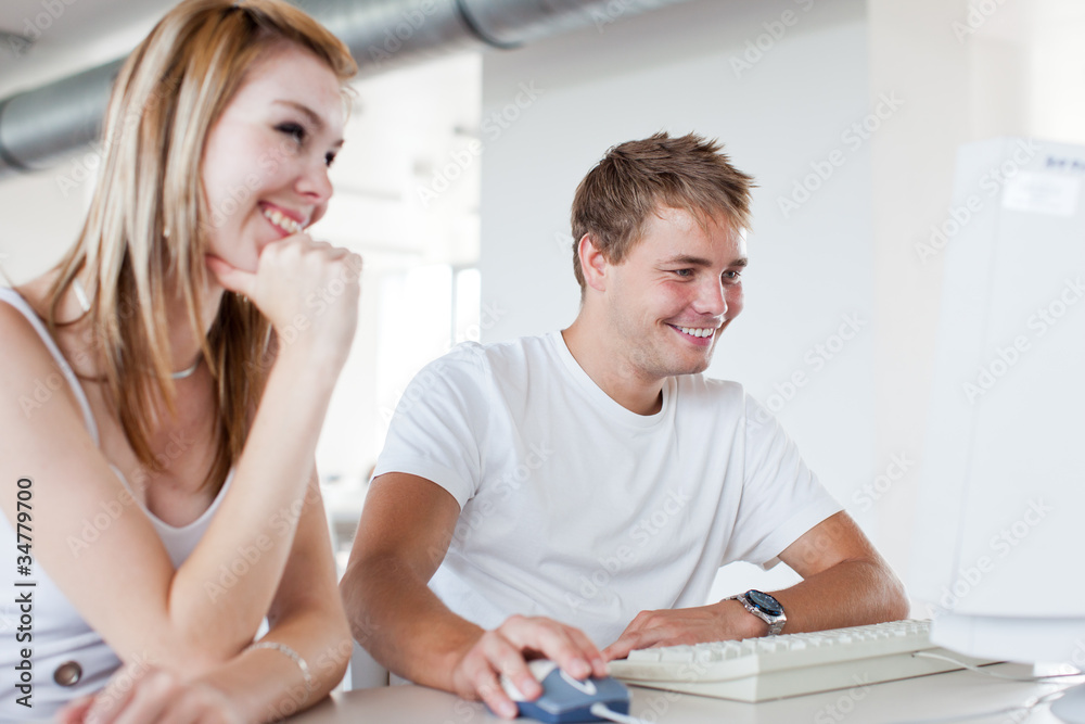 two college students having fun studying together two college students having fun studying together