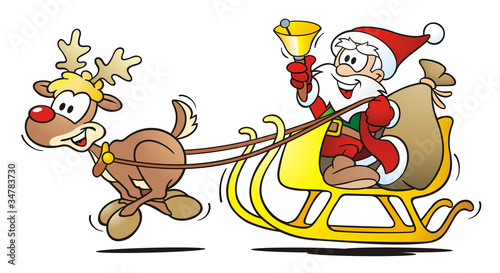 Santa with Reindeer  Sledge and Bell