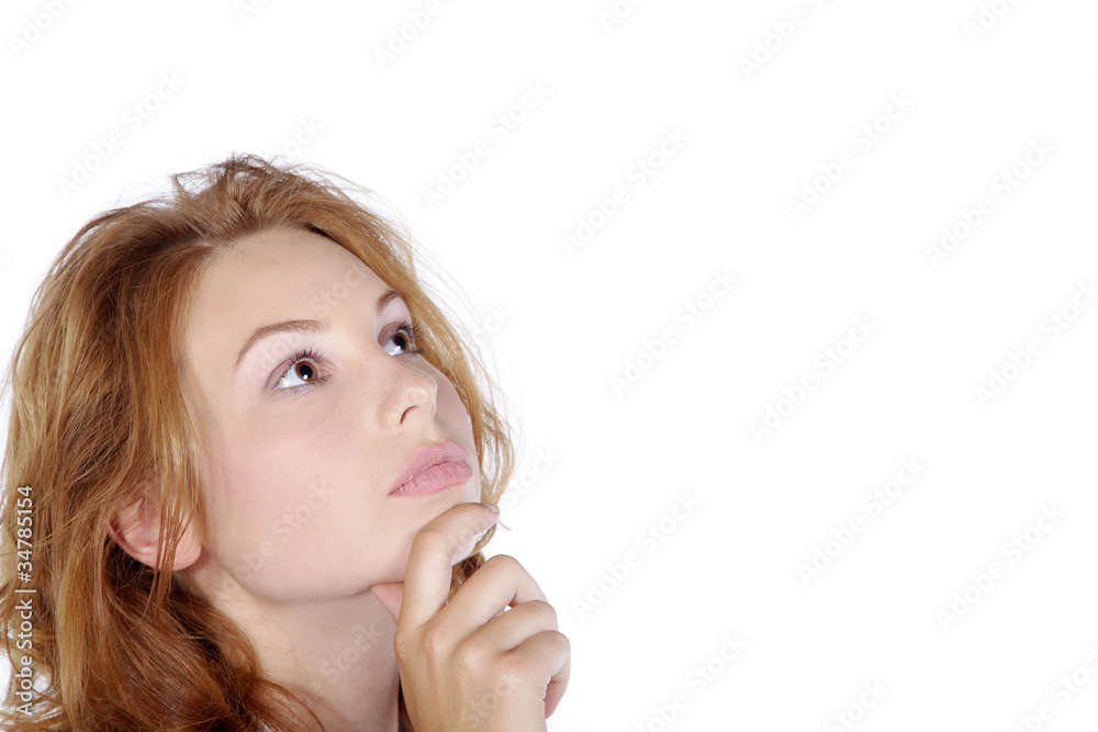 Geschäftsfrau Gesicht blickt auf Werbebanner Porträt Geschäftsfrau Gesicht blickt auf Werbebanner Porträt