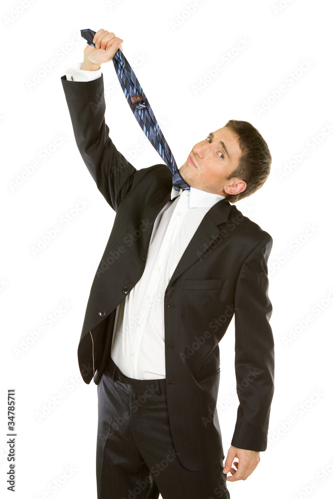 Business Frustration- Mature man pulling necktie to choke himse Business Frustration- Mature man pulling necktie to choke himse