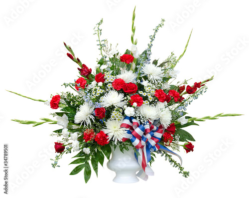 Colorful flower arrangement in urn isolated on white photo