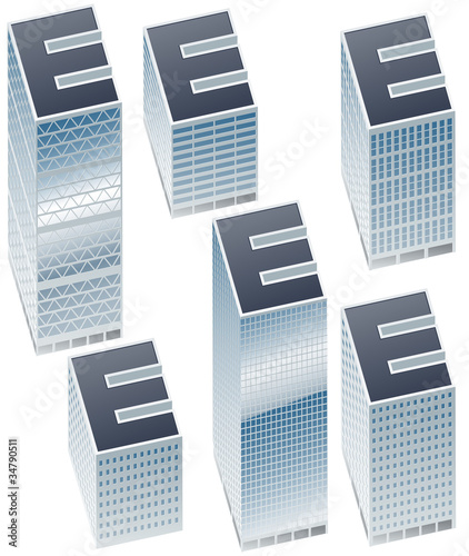 Set of buildings in form of alphabet. Letter e