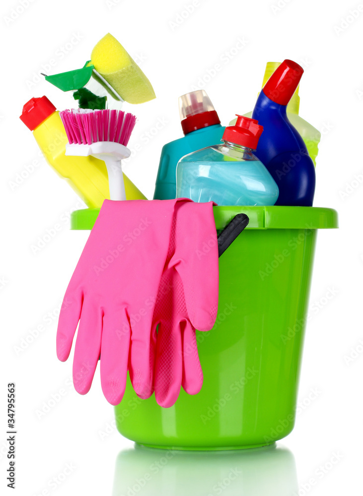 detergent bottles, brushes and gloves in bucket detergent bottles, brushes and gloves in bucket