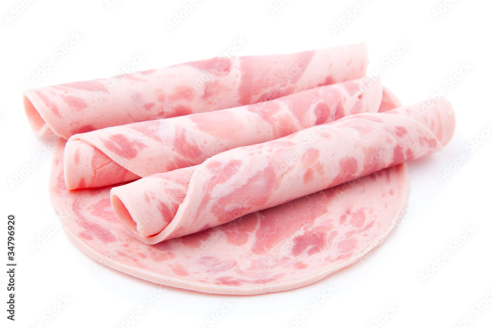 slices of ham isolated on the white background