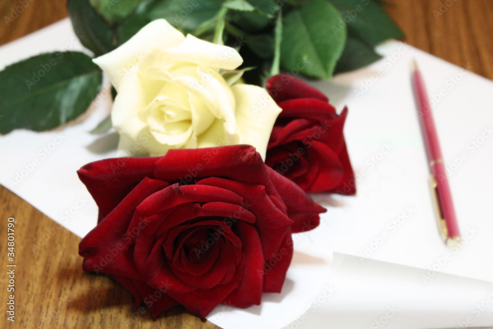Fototapeta premium Three roses with a letter and a pen