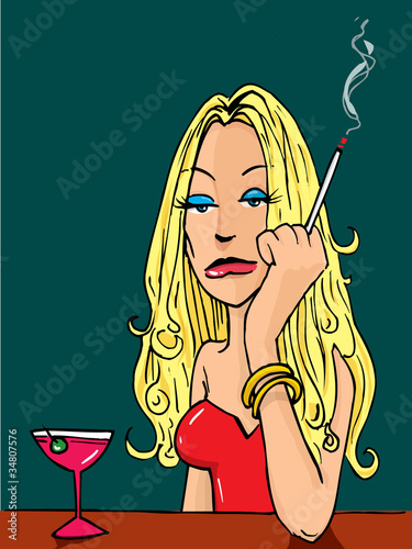 Cartoon woman smoking at the bar