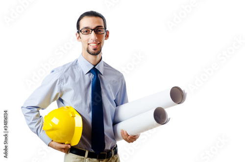 Bild auf Leinwand Engineer working with drawings on white
