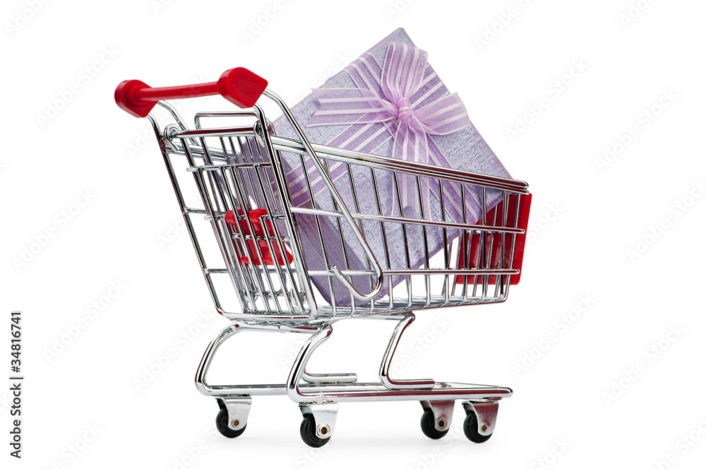 Shopping cart and giftboxes on white Shopping cart and giftboxes on white