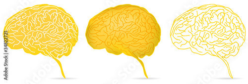 set of head profile with yellow brain isolated on white
